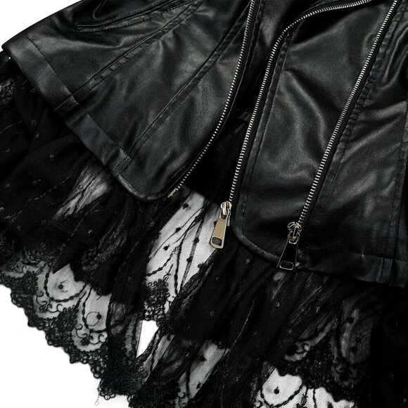 Women's faux leather black lace moto vintage coat riding coat - Picture 7 of 7